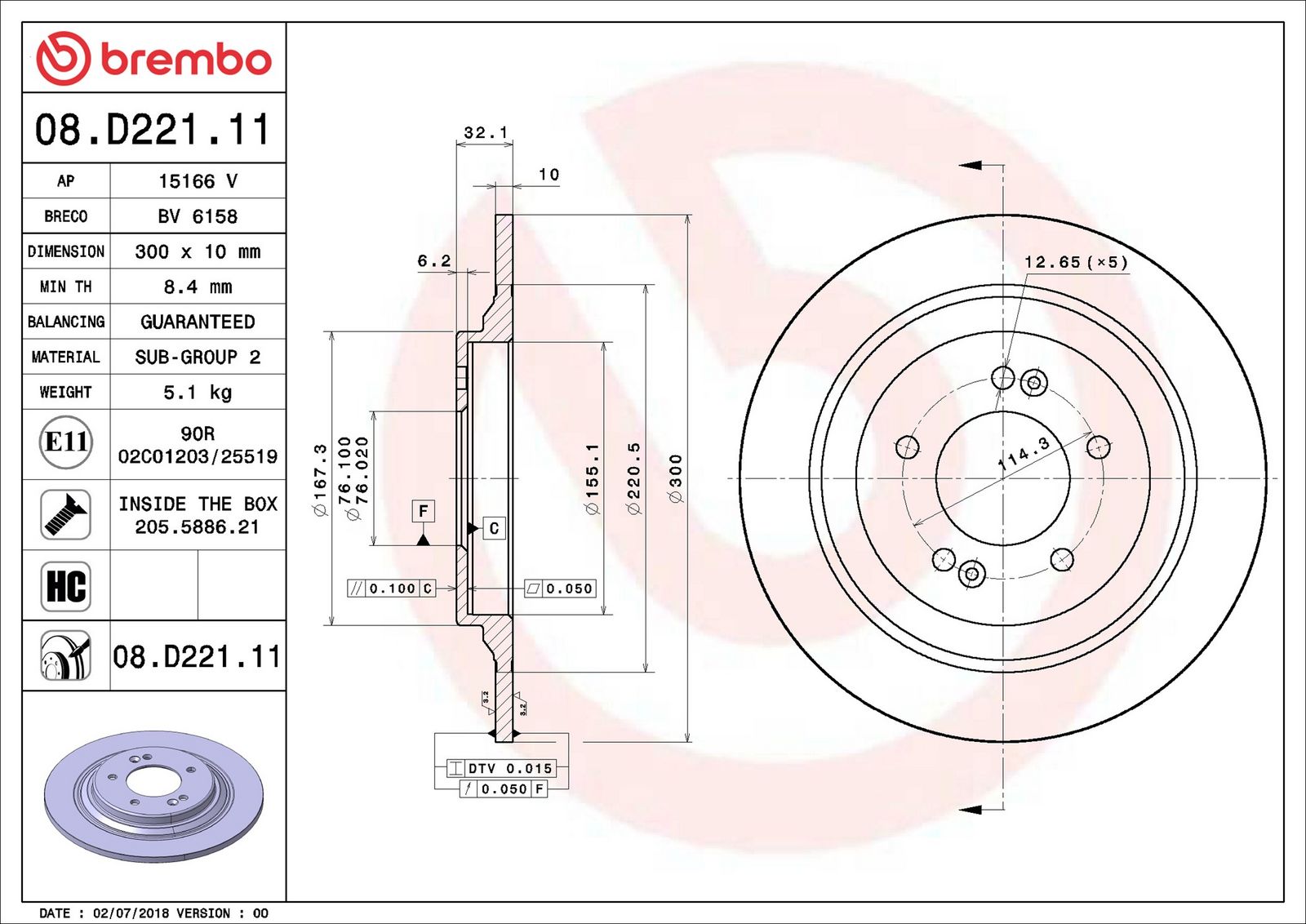 BREMBO 08.D221.11 - Bremsscheibe