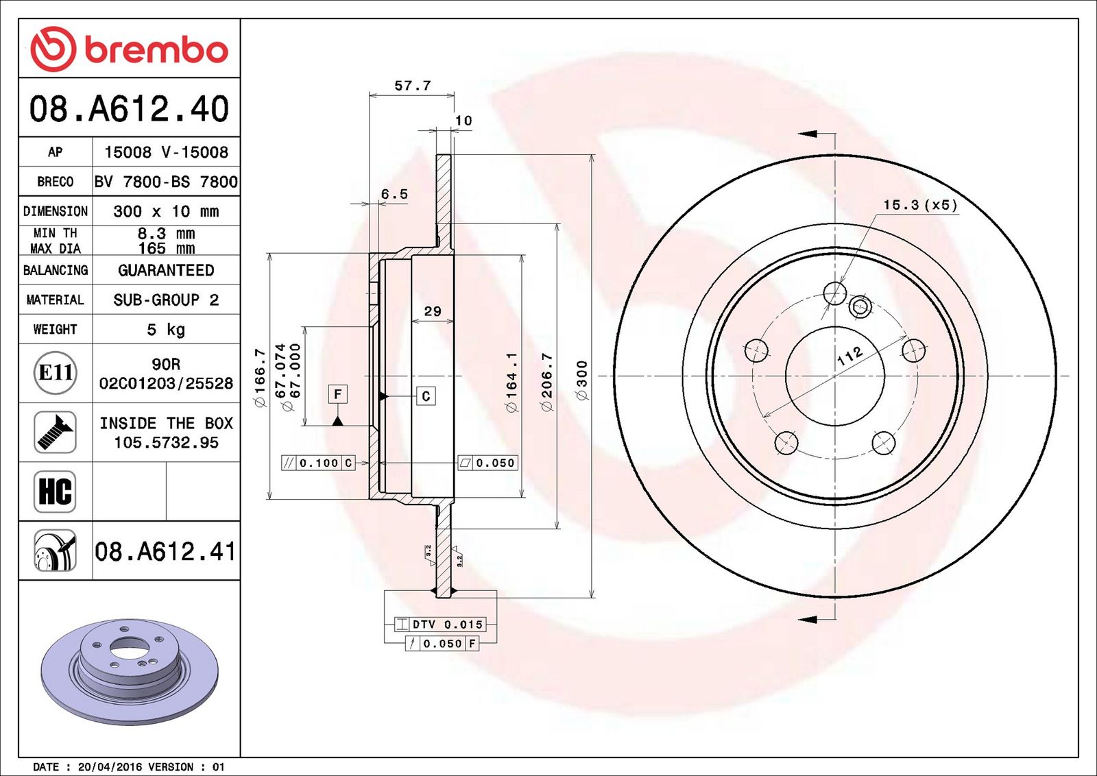 BREMBO 08.A612.41 - Bremsscheibe