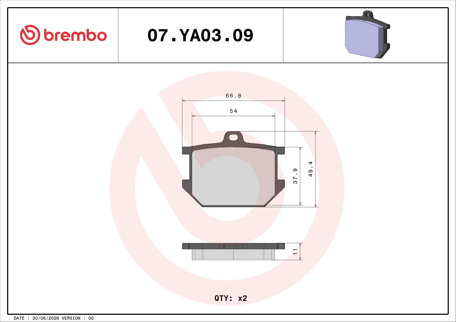 BREMBO 07YA0309 - Bremsbelagsatz, Scheibenbremse