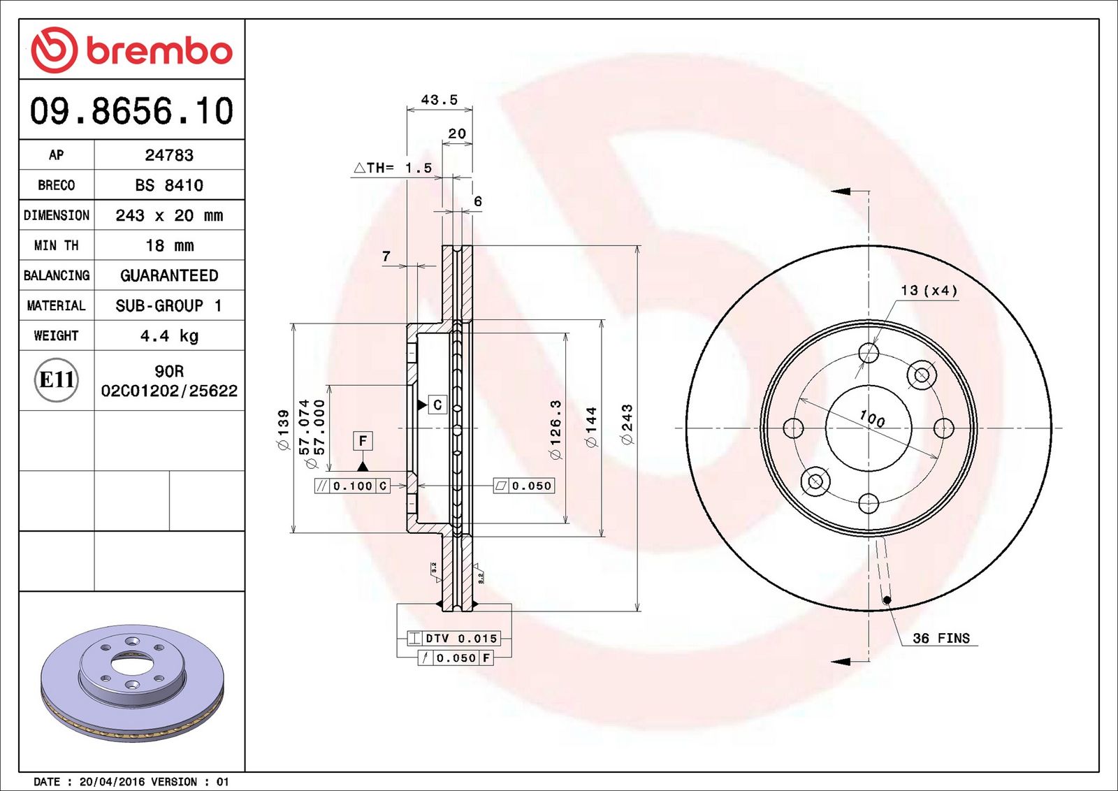 BREMBO 09.8656.10 - Bremsscheibe