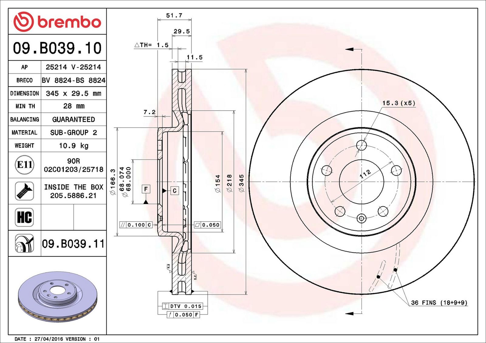 BREMBO 09.B039.11 - Bremsscheibe