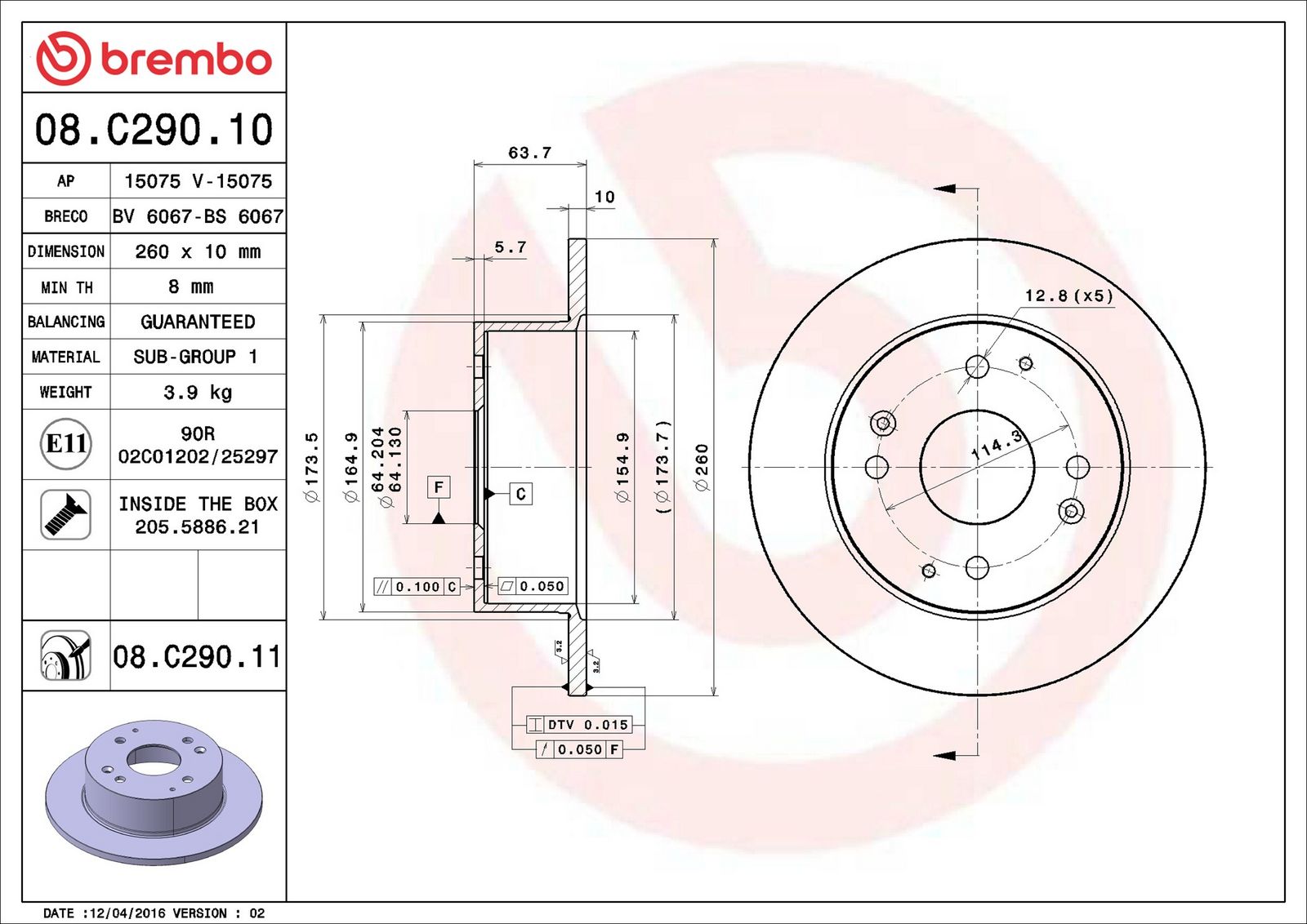 BREMBO 08.C290.11 - Bremsscheibe