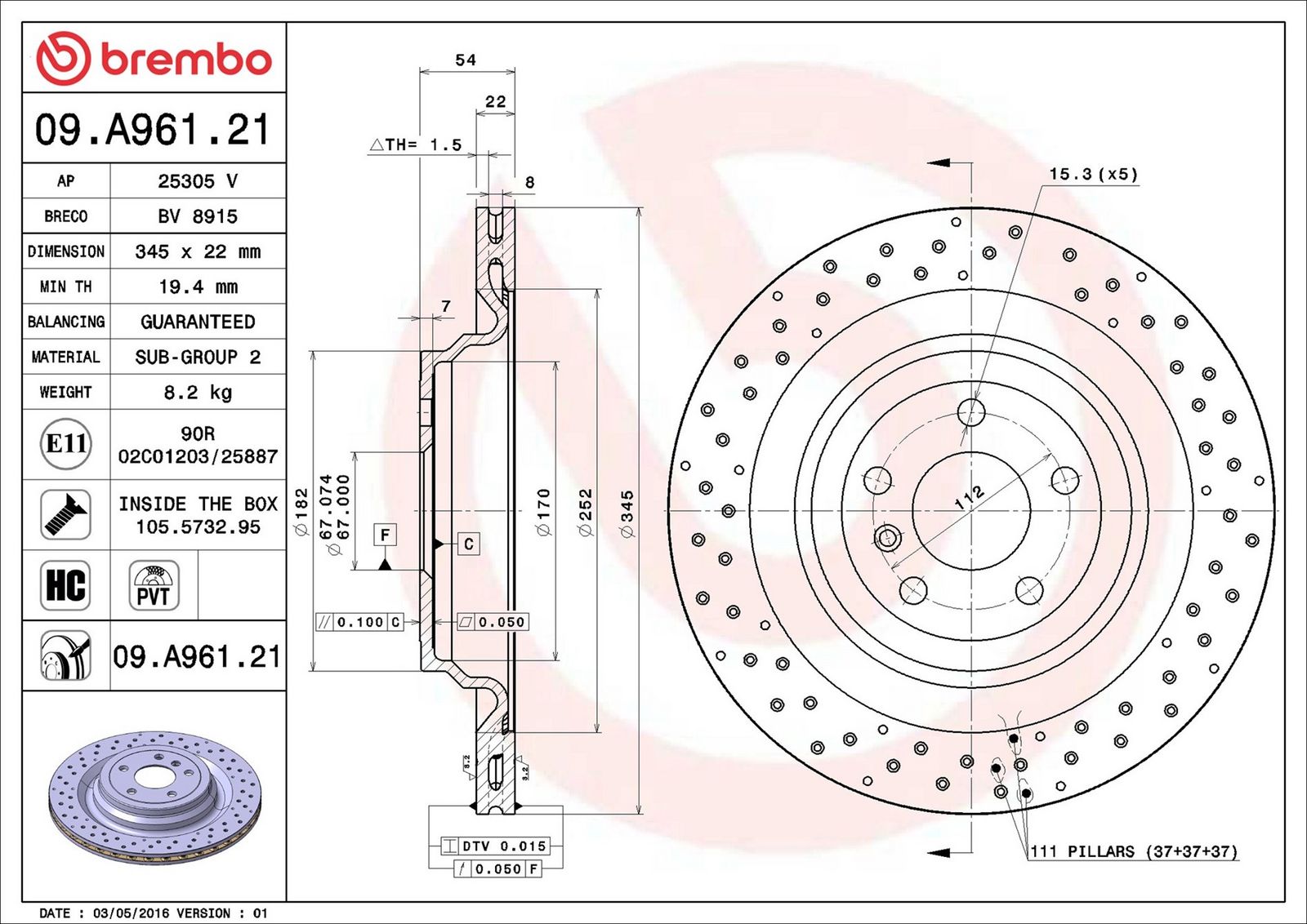 BREMBO 09.A961.21 - Bremsscheibe