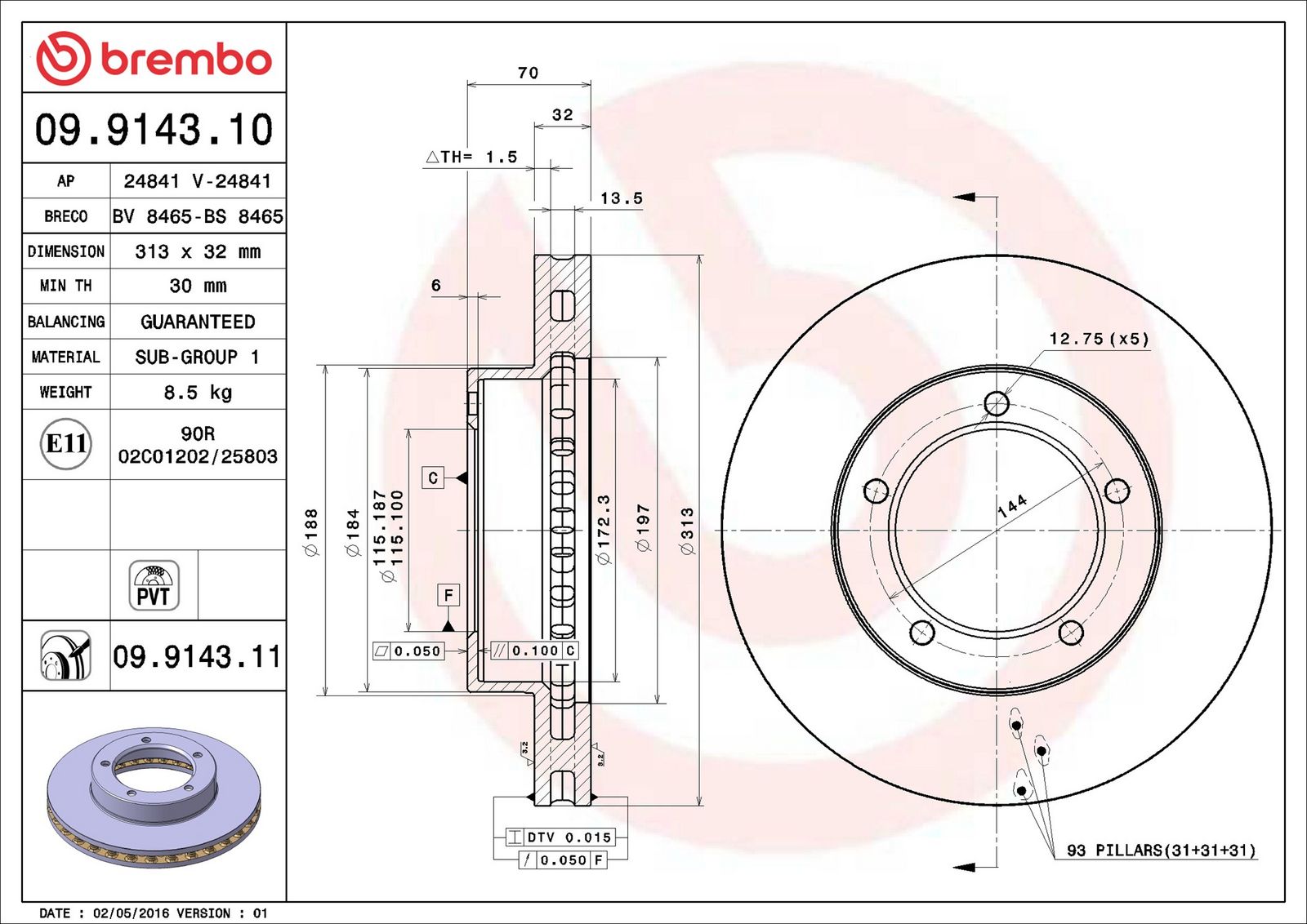 BREMBO 09.9143.11 - Bremsscheibe