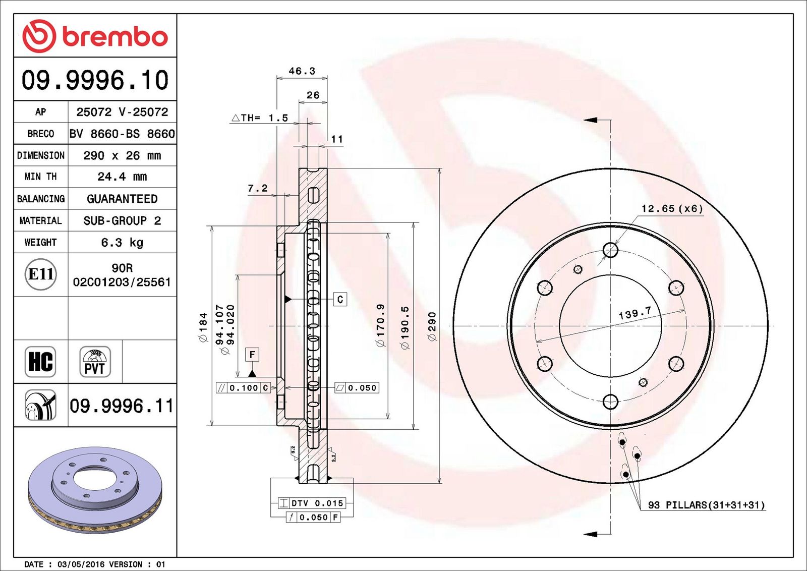 BREMBO 09.9996.11 - Bremsscheibe